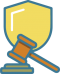 A gavel in front of a shield.
